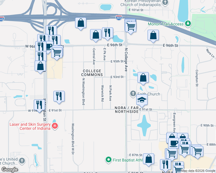 map of restaurants, bars, coffee shops, grocery stores, and more near 9223 North Park Avenue in Indianapolis