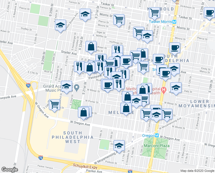 map of restaurants, bars, coffee shops, grocery stores, and more near 1902 Durfor Street in Philadelphia