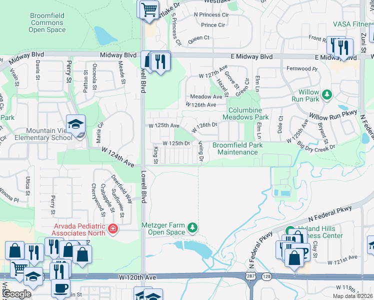 map of restaurants, bars, coffee shops, grocery stores, and more near 12480 James Street in Broomfield