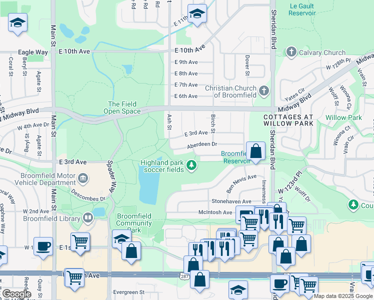 map of restaurants, bars, coffee shops, grocery stores, and more near 1042 Aberdeen Drive in Broomfield