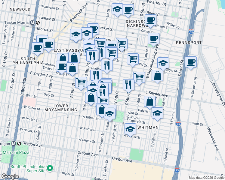 map of restaurants, bars, coffee shops, grocery stores, and more near in Philadelphia