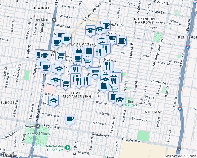 map of restaurants, bars, coffee shops, grocery stores, and more near in Philadelphia