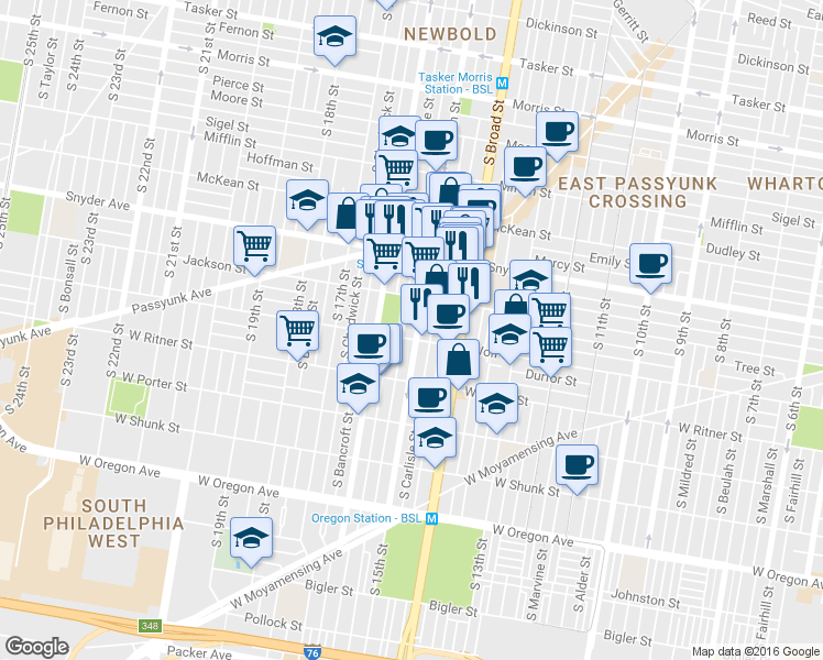 map of restaurants, bars, coffee shops, grocery stores, and more near 2242 South Hicks Street in Philadelphia