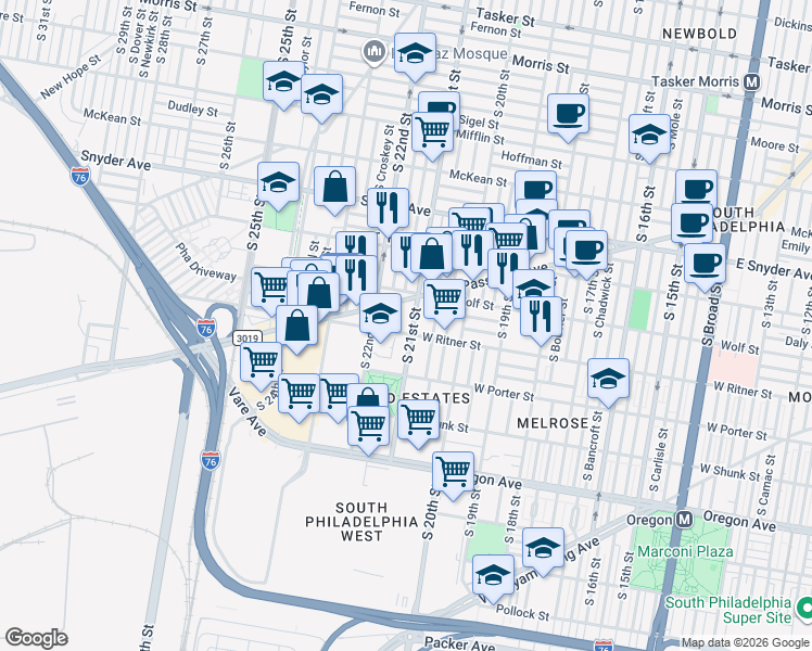 map of restaurants, bars, coffee shops, grocery stores, and more near 2325 South 21st Street in Philadelphia
