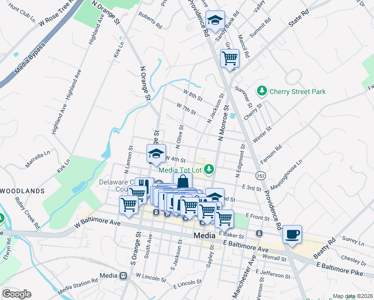 map of restaurants, bars, coffee shops, grocery stores, and more near 426 North Jackson Street in Media