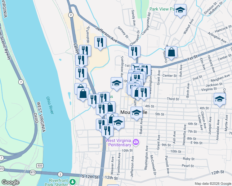 map of restaurants, bars, coffee shops, grocery stores, and more near 225-299 Tomlinson Avenue in Moundsville