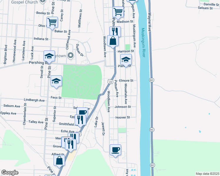 map of restaurants, bars, coffee shops, grocery stores, and more near 1071 Maysville Avenue in Zanesville