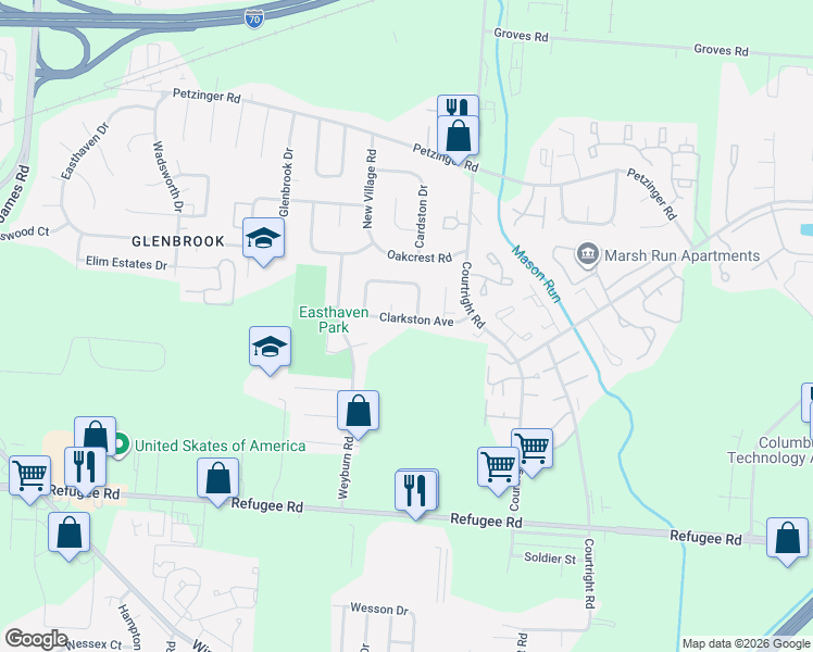 map of restaurants, bars, coffee shops, grocery stores, and more near 3431 Clarkston Avenue in Columbus