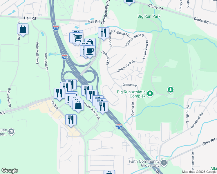 map of restaurants, bars, coffee shops, grocery stores, and more near 4714 Bay Run Drive in Columbus