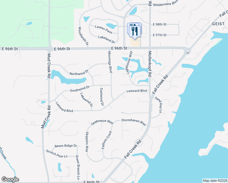 map of restaurants, bars, coffee shops, grocery stores, and more near 9245 Moorings Boulevard in Indianapolis