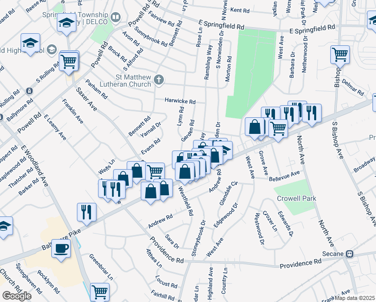 map of restaurants, bars, coffee shops, grocery stores, and more near 417 Garden Road in Springfield