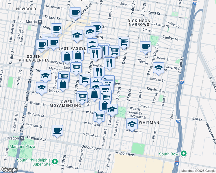 map of restaurants, bars, coffee shops, grocery stores, and more near 2114 South 7th Street in Philadelphia