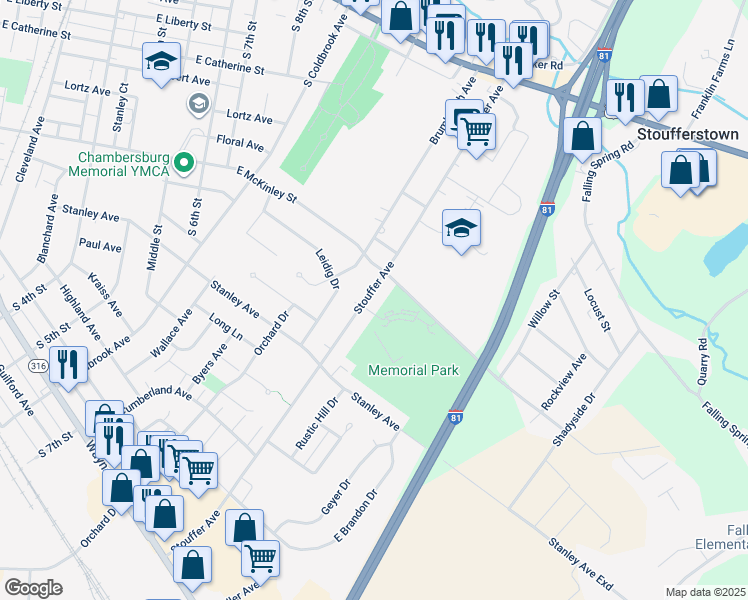 map of restaurants, bars, coffee shops, grocery stores, and more near 670 Stouffer Avenue in Chambersburg