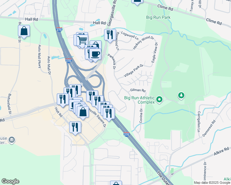 map of restaurants, bars, coffee shops, grocery stores, and more near 4714 Bay Run Drive in Columbus