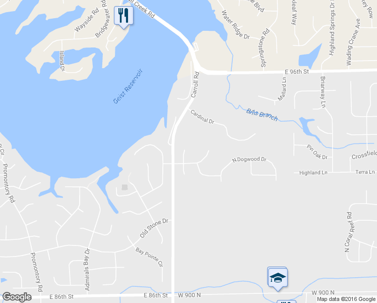 map of restaurants, bars, coffee shops, grocery stores, and more near 9635 North Box Elder Court in McCordsville