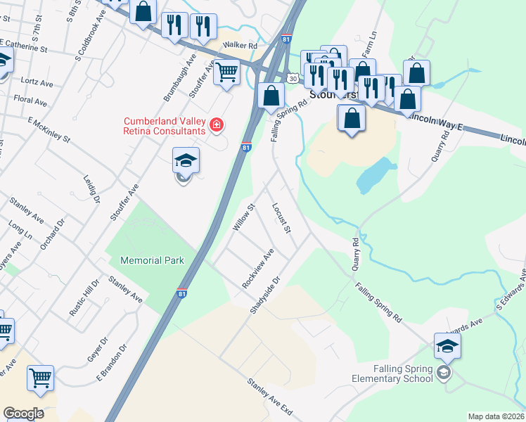 map of restaurants, bars, coffee shops, grocery stores, and more near 1221 Fox Den Drive in Chambersburg