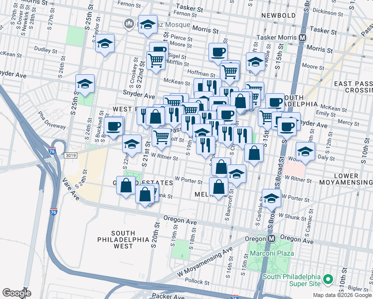 map of restaurants, bars, coffee shops, grocery stores, and more near 1902 Durfor Street in Philadelphia