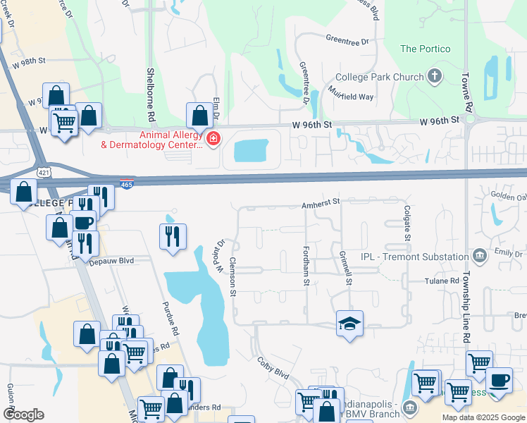 map of restaurants, bars, coffee shops, grocery stores, and more near 3139 Amherst Street in Indianapolis