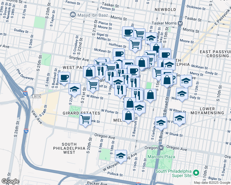 map of restaurants, bars, coffee shops, grocery stores, and more near 2300 South 18th Street in Philadelphia