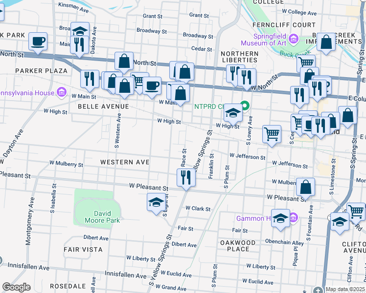 map of restaurants, bars, coffee shops, grocery stores, and more near 200 South Race Street in Springfield