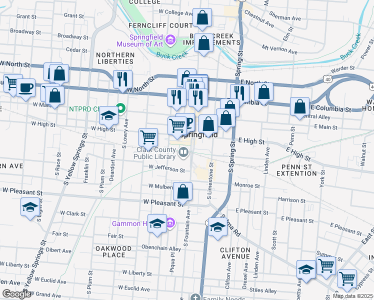 map of restaurants, bars, coffee shops, grocery stores, and more near 135 South Fountain Avenue in Springfield