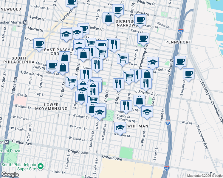 map of restaurants, bars, coffee shops, grocery stores, and more near in Philadelphia