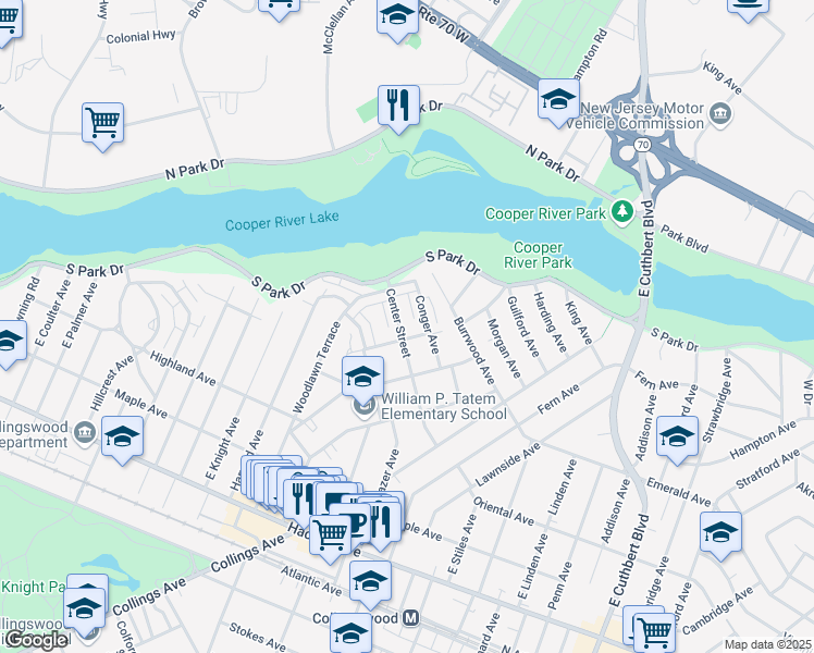 map of restaurants, bars, coffee shops, grocery stores, and more near 715 Center Street in Collingswood