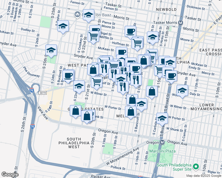 map of restaurants, bars, coffee shops, grocery stores, and more near 1906 Durfor Street in Philadelphia