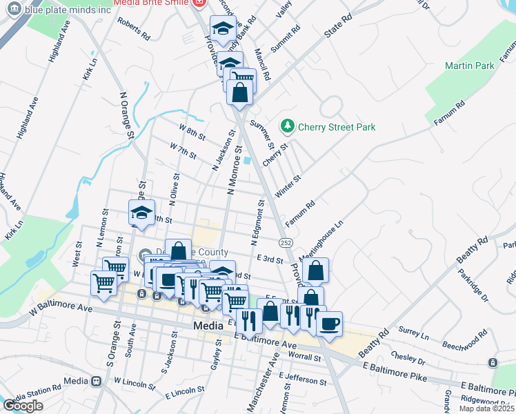 map of restaurants, bars, coffee shops, grocery stores, and more near 520 North Edgmont Street in Media
