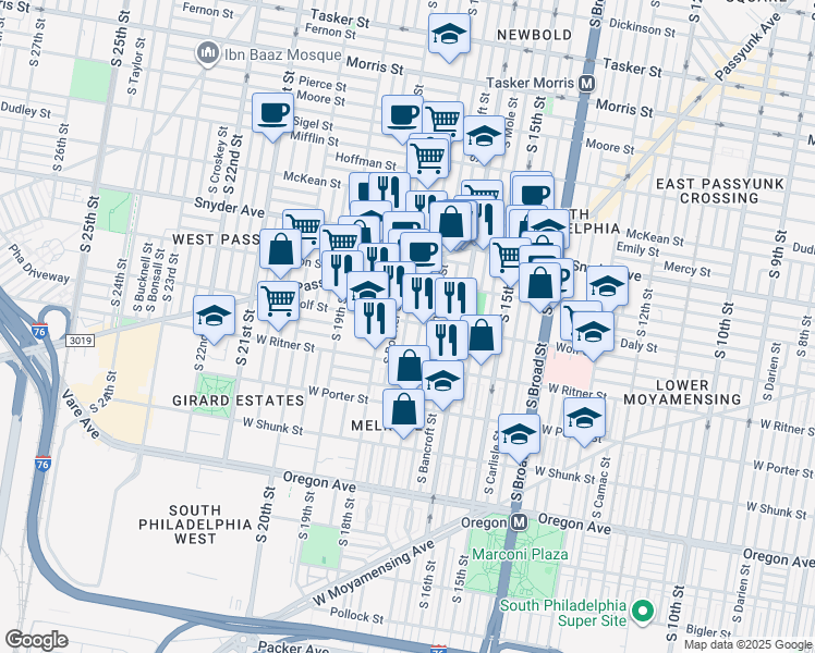 map of restaurants, bars, coffee shops, grocery stores, and more near 1712 Wolf Street in Philadelphia