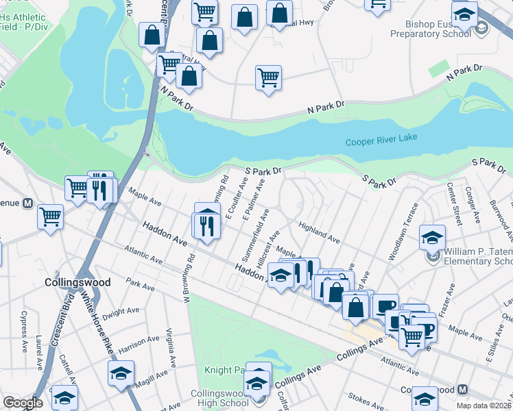 map of restaurants, bars, coffee shops, grocery stores, and more near 137 East Palmer Avenue in Collingswood