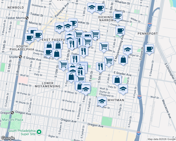 map of restaurants, bars, coffee shops, grocery stores, and more near in Philadelphia