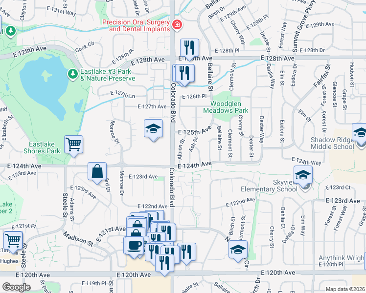 map of restaurants, bars, coffee shops, grocery stores, and more near 12457 Albion Street in Thornton