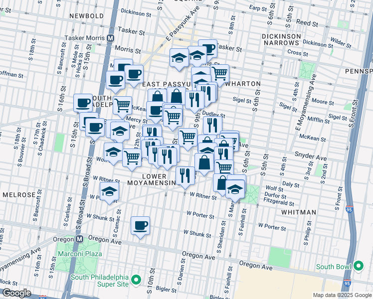 map of restaurants, bars, coffee shops, grocery stores, and more near 914 Winton Street in Philadelphia