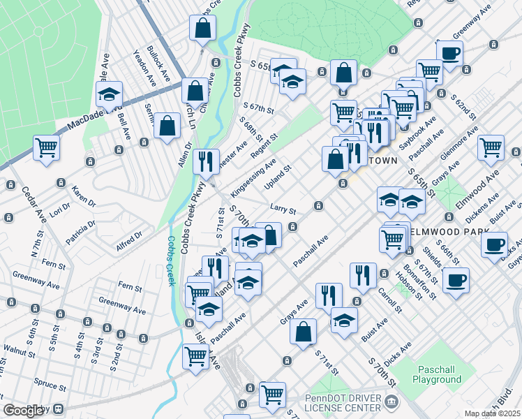 map of restaurants, bars, coffee shops, grocery stores, and more near 6909 Greenway Avenue in Philadelphia