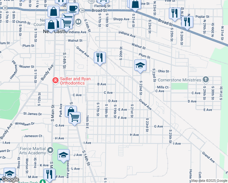 map of restaurants, bars, coffee shops, grocery stores, and more near 925 South 19th Street in New Castle