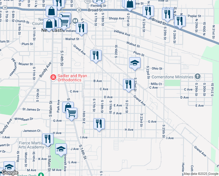 map of restaurants, bars, coffee shops, grocery stores, and more near 925 South 19th Street in New Castle