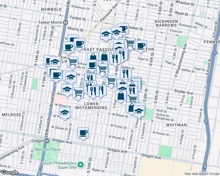 map of restaurants, bars, coffee shops, grocery stores, and more near 916 Winton Street in Philadelphia