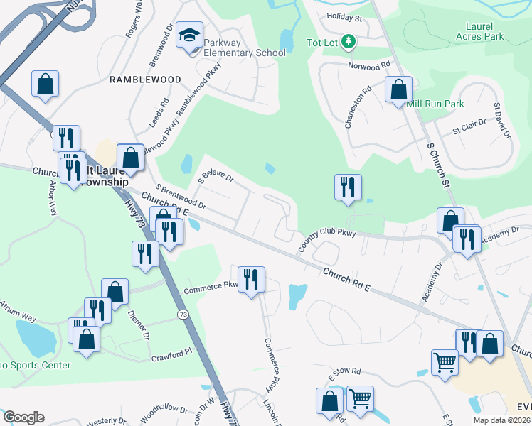 map of restaurants, bars, coffee shops, grocery stores, and more near 7 Copper Tree Court in Mount Laurel Township