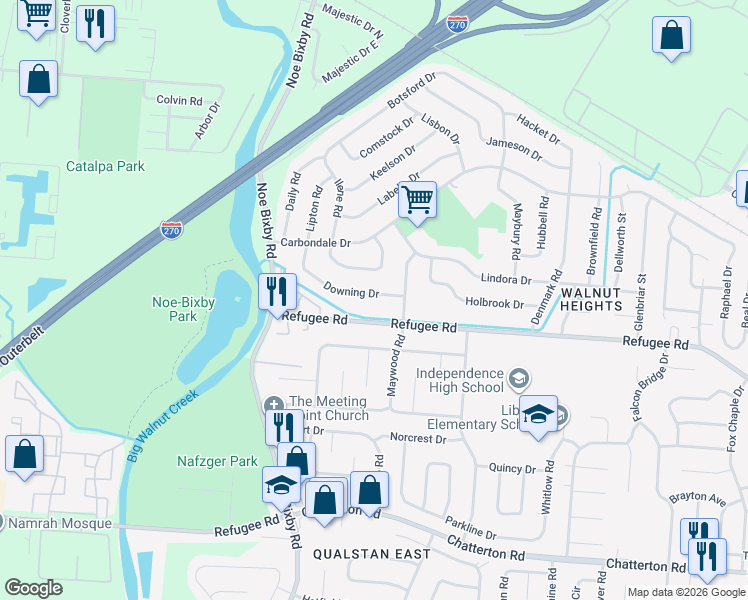 map of restaurants, bars, coffee shops, grocery stores, and more near 4917 Downing Drive in Columbus