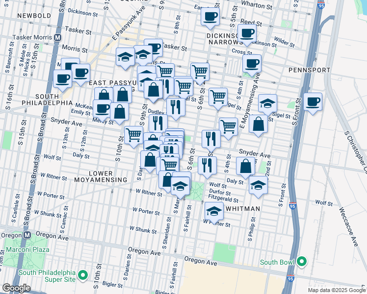 map of restaurants, bars, coffee shops, grocery stores, and more near 625 Cantrell Street in Philadelphia