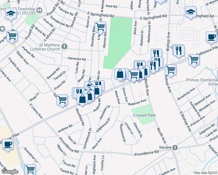 map of restaurants, bars, coffee shops, grocery stores, and more near 316 Baltimore Pike in Springfield