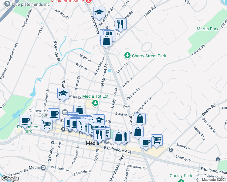 map of restaurants, bars, coffee shops, grocery stores, and more near 520 North Edgmont Street in Media