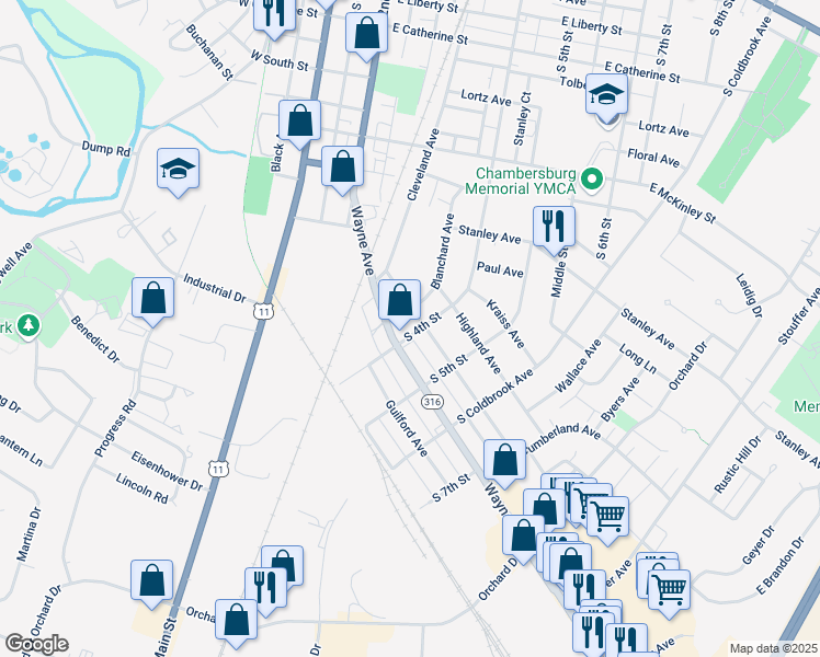 map of restaurants, bars, coffee shops, grocery stores, and more near 1117 South 4th Street in Chambersburg