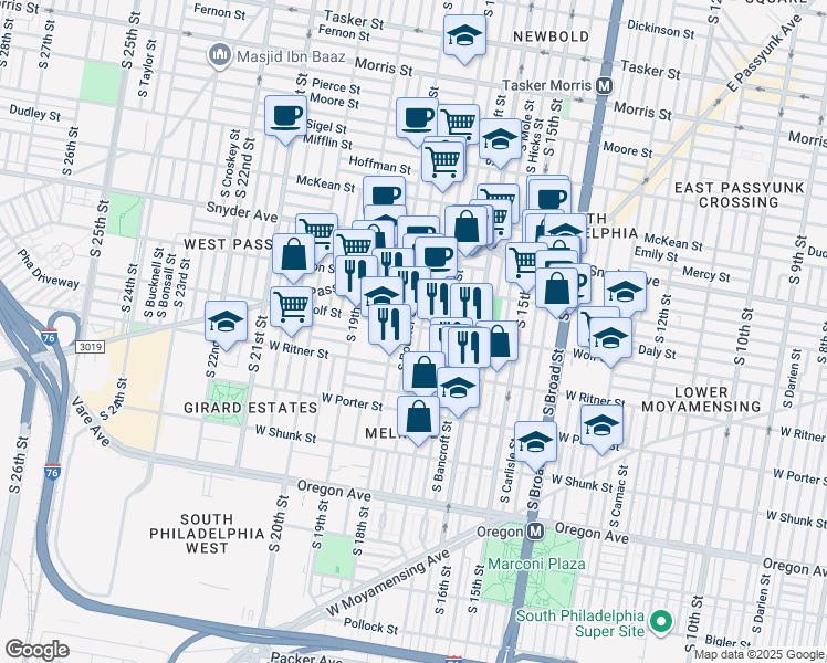 map of restaurants, bars, coffee shops, grocery stores, and more near 1720 Wolf St in Philadelphia