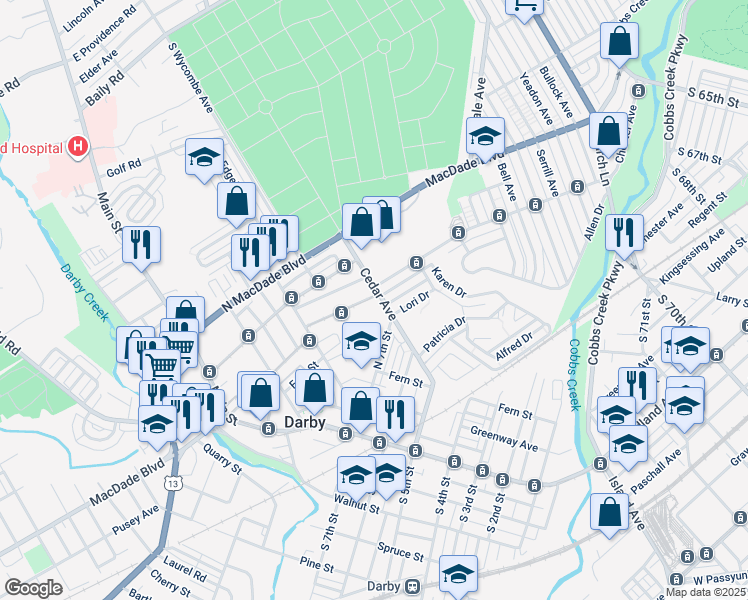 map of restaurants, bars, coffee shops, grocery stores, and more near 720 Cedar Avenue in Darby