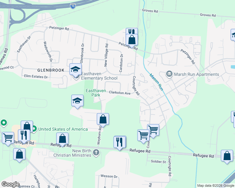 map of restaurants, bars, coffee shops, grocery stores, and more near 3411 Clarkston Avenue in Columbus