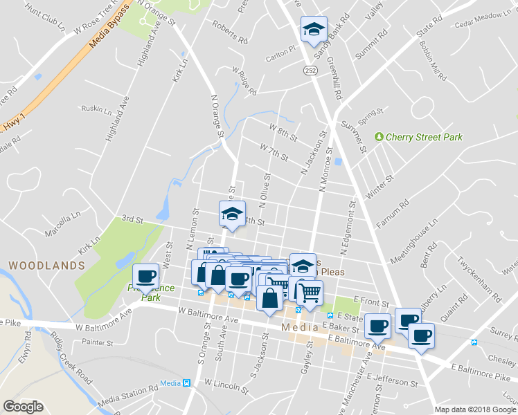 map of restaurants, bars, coffee shops, grocery stores, and more near 422 North Olive Street in Media