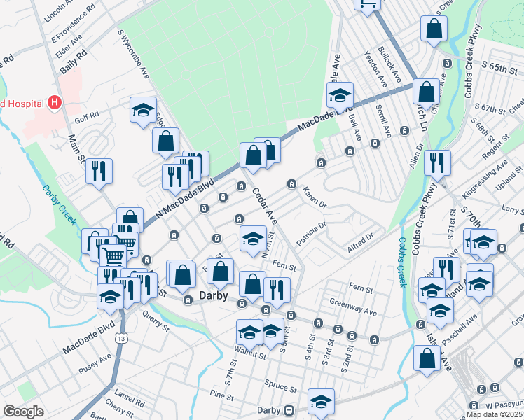 map of restaurants, bars, coffee shops, grocery stores, and more near 720 Cedar Avenue in Darby