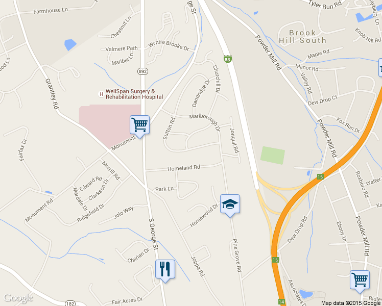 map of restaurants, bars, coffee shops, grocery stores, and more near 2400 Sutton Road in York